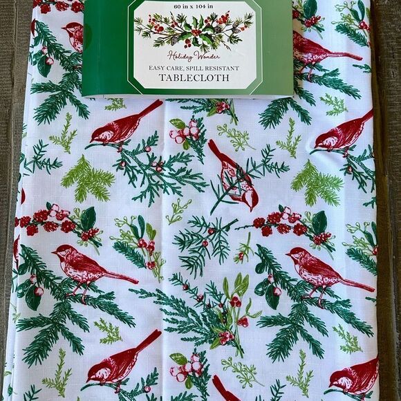 Christmas Tablecloth Botanical Bird Pine Tree Print - Picture 1 of 4